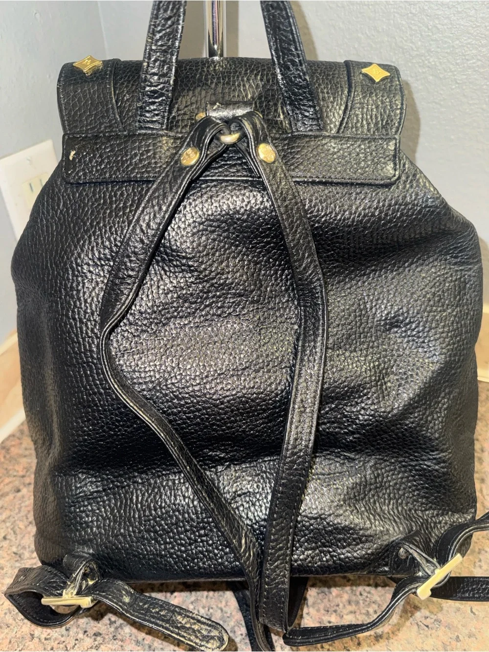 MCM Black Leather Drawstring Backpack EUC
